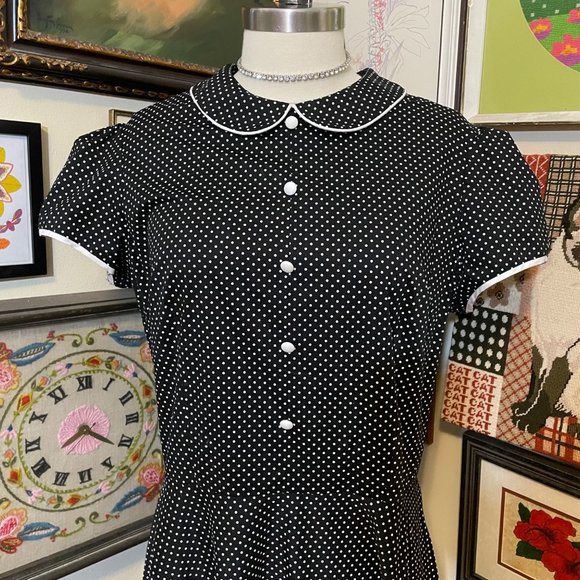 Stop Staring! Black and White Swiss Dot Short Sleeve Collared Shirt Dress 3X - Picture 2 of 6